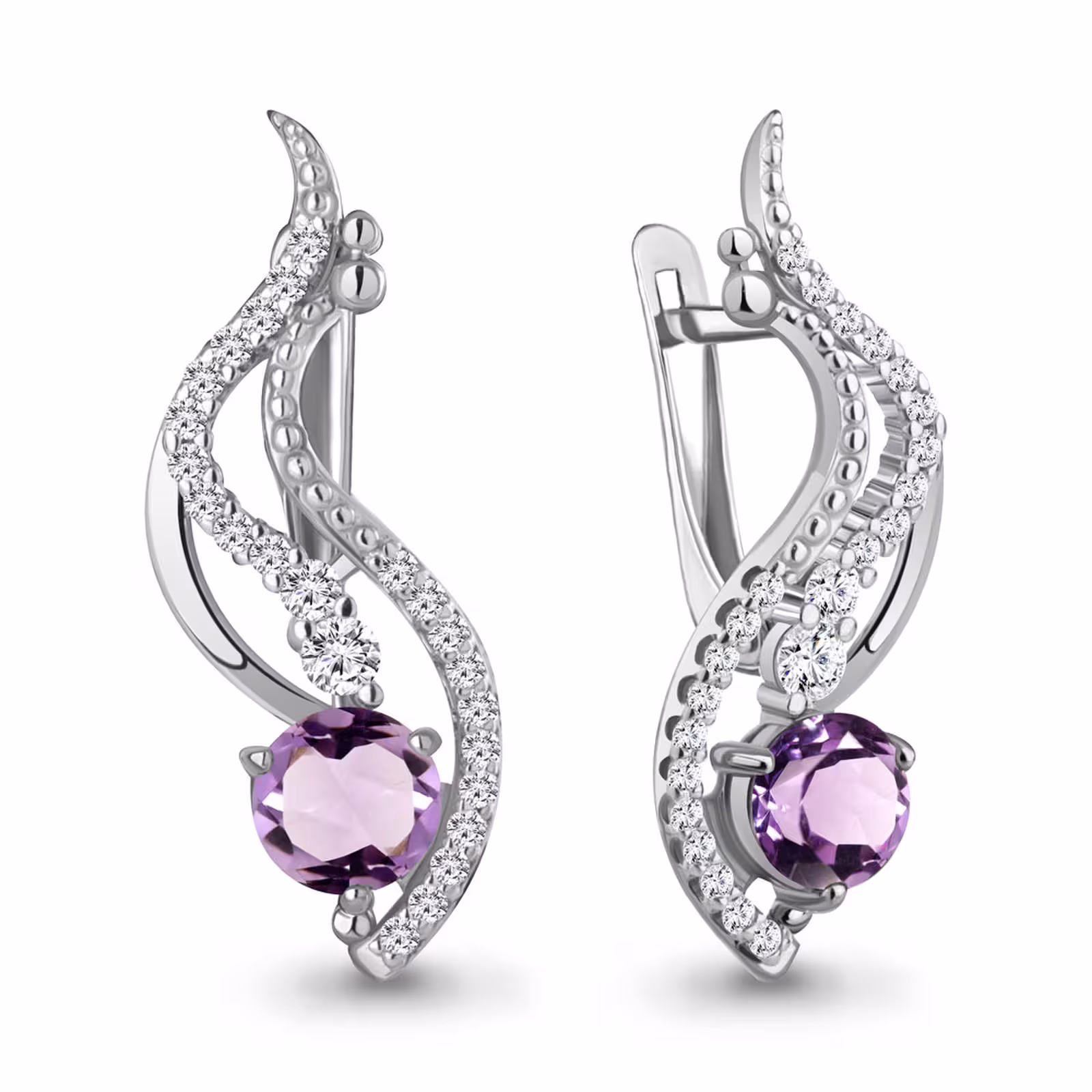 Серьги из серебра с аметистами и фианитами