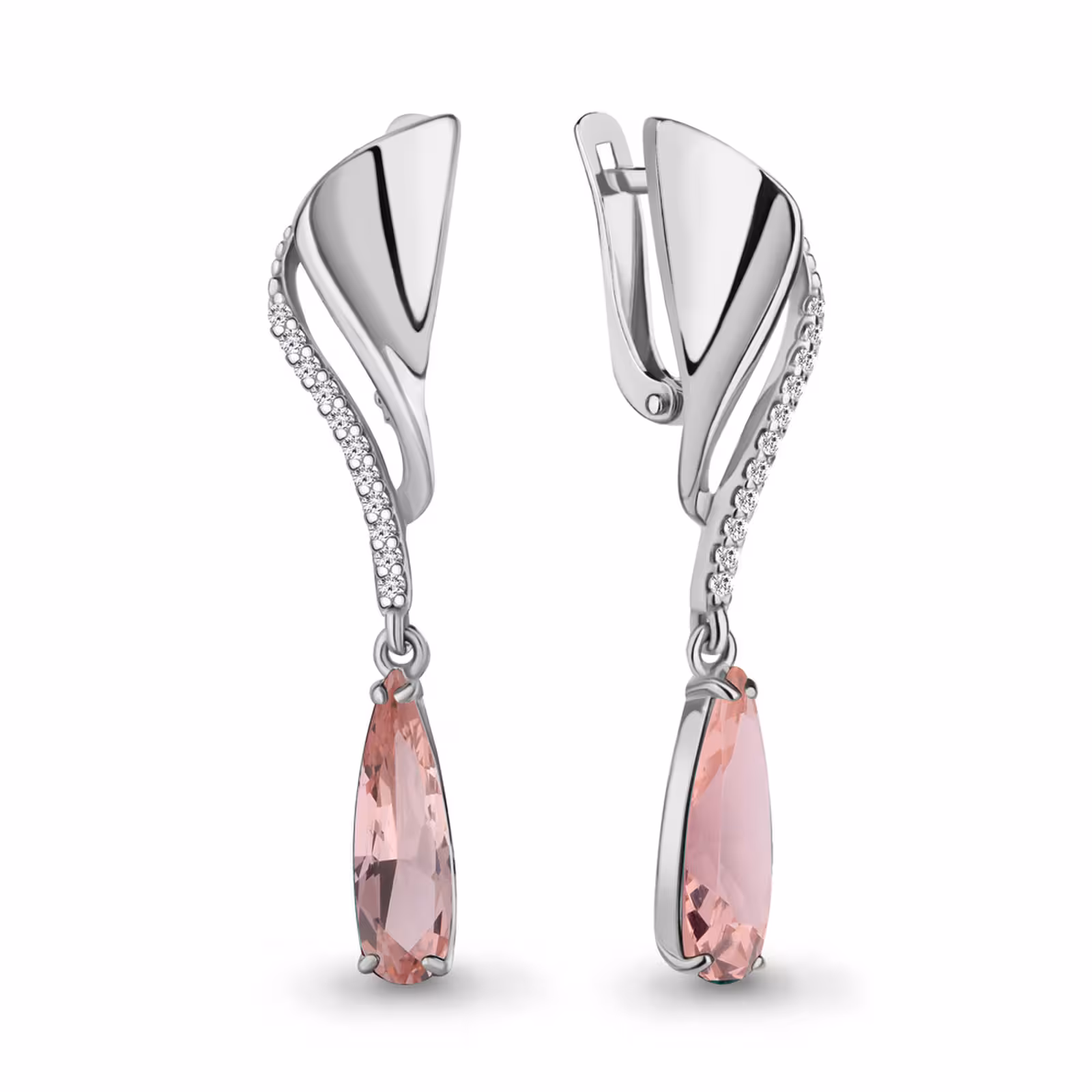 Серьги из серебра с морганитами и фианитами