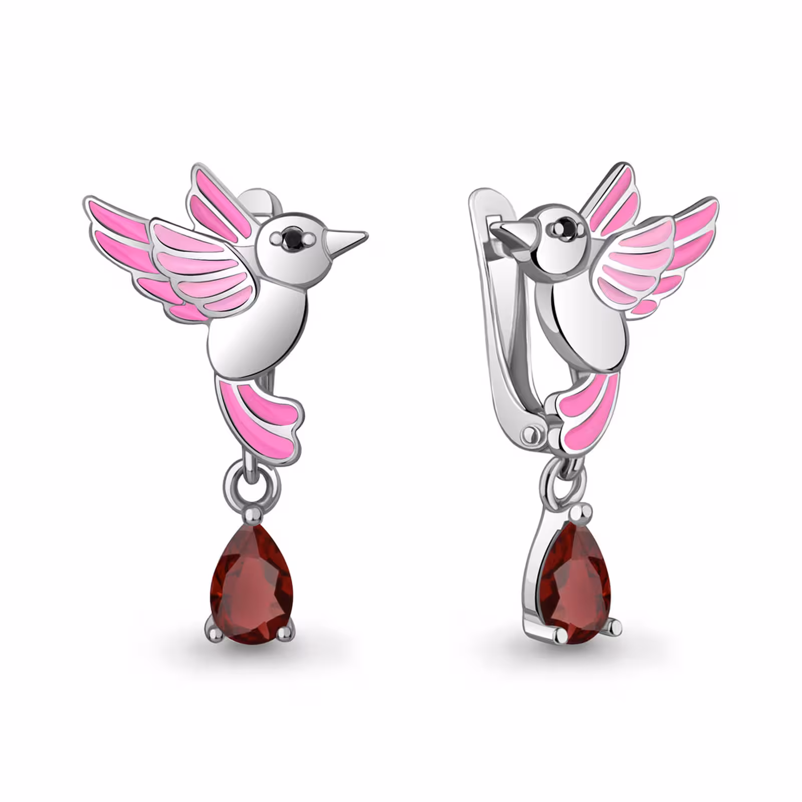 Серьги из серебра с гранатами, ювелирными кристаллами и эмалью