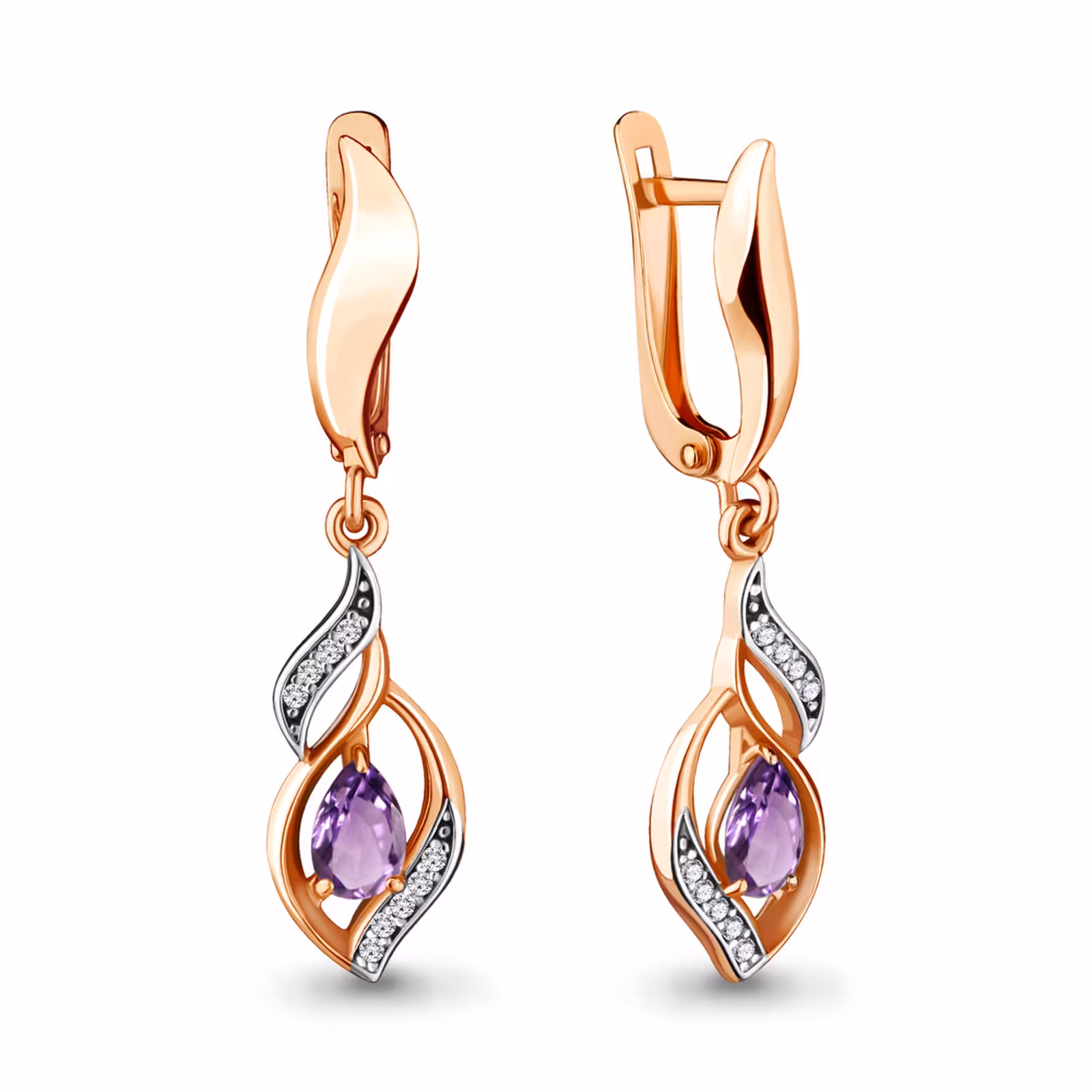 Серьги из серебра с позолотой, аметистами и фианитами