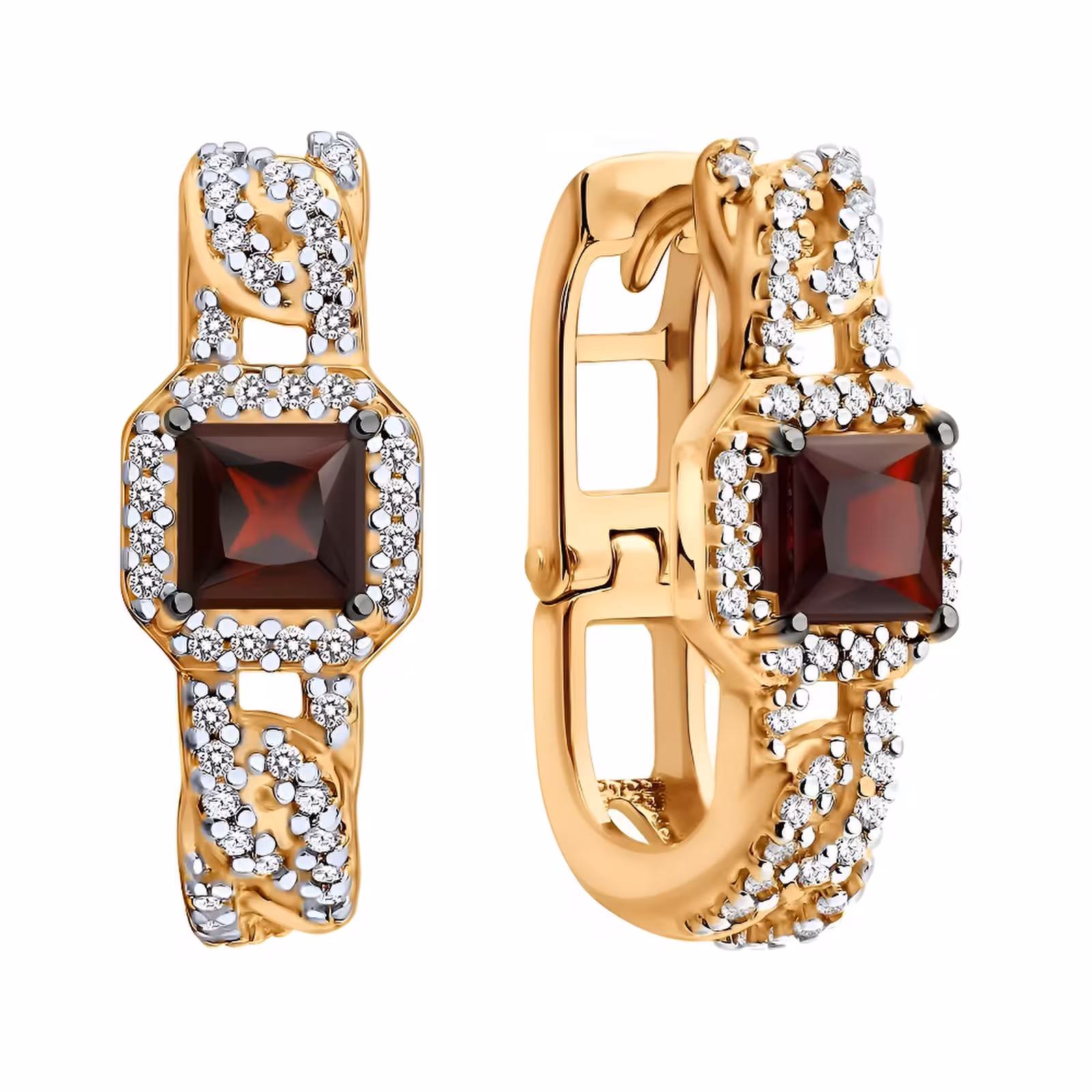 Серьги из серебра с позолотой, гранатами и фианитами — фото 2