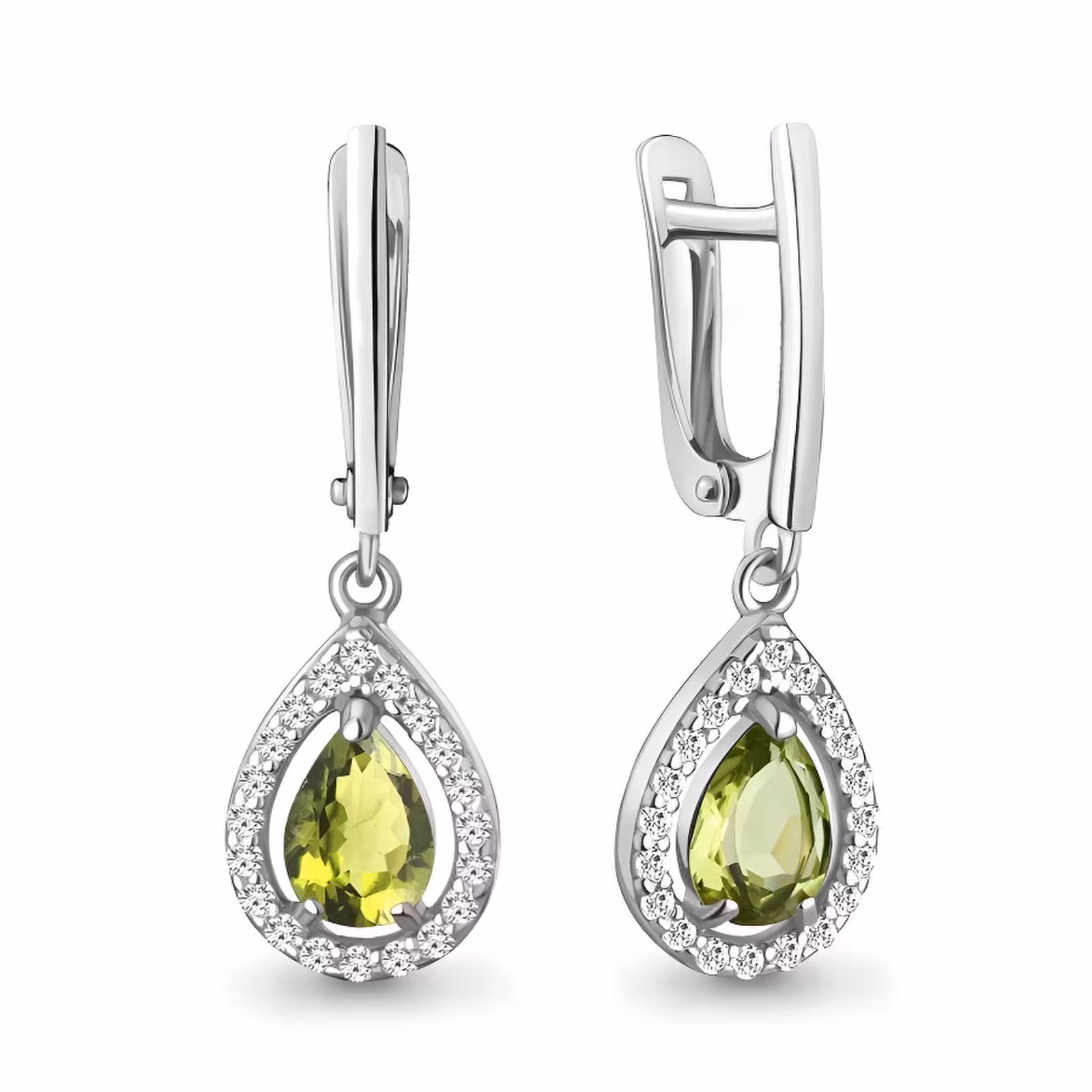 Серьги из серебра с хризолитами и фианитами