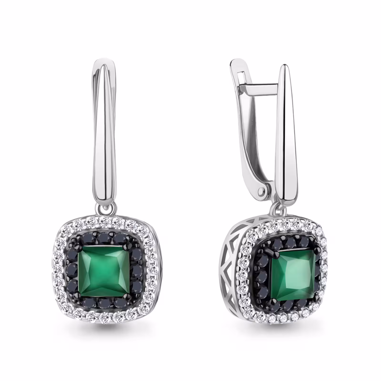 Серьги из серебра с агатами, ювелирными кристаллами и фианитами