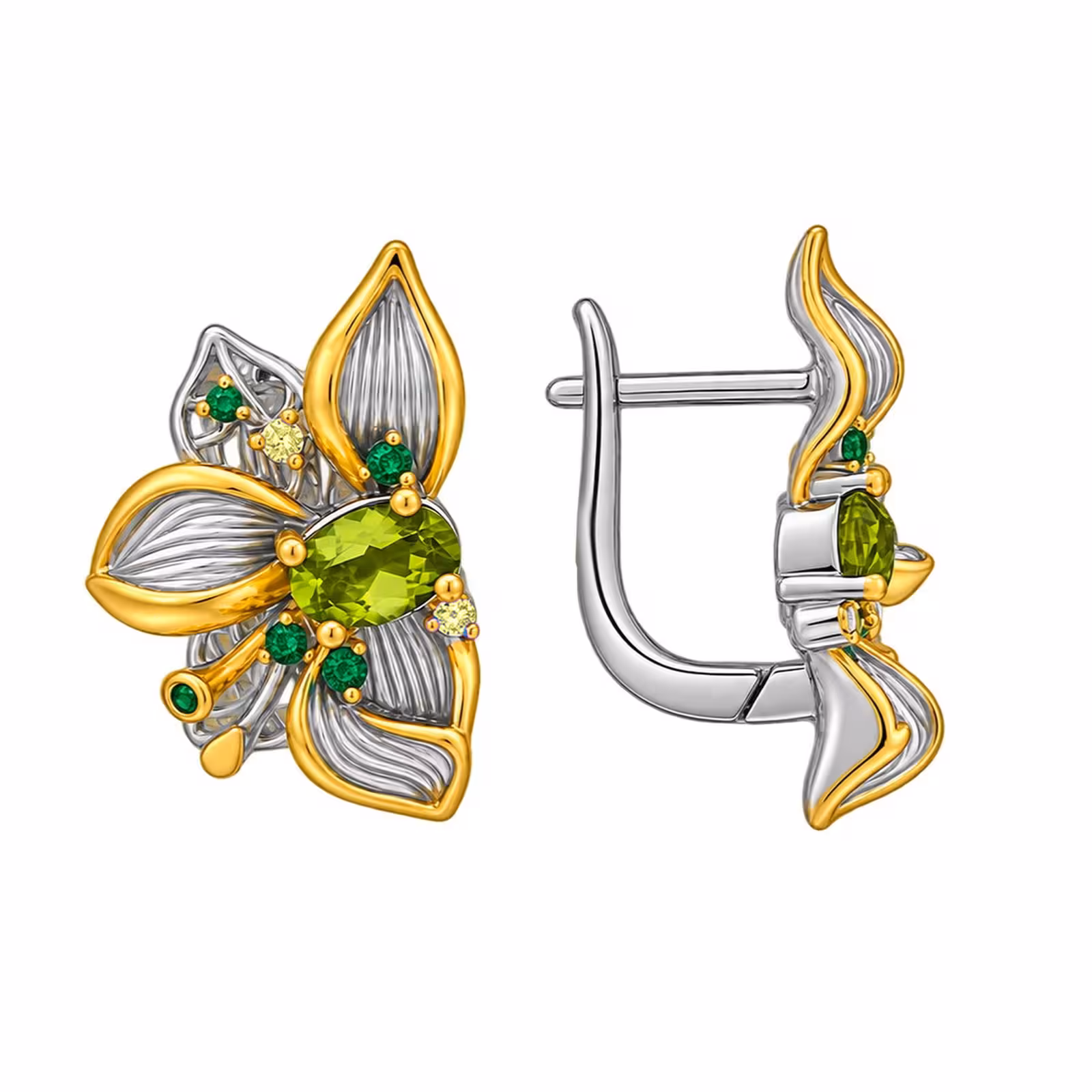Серьги из серебра с позолотой, хризолитами, шпинелью и фианитами — фото 1