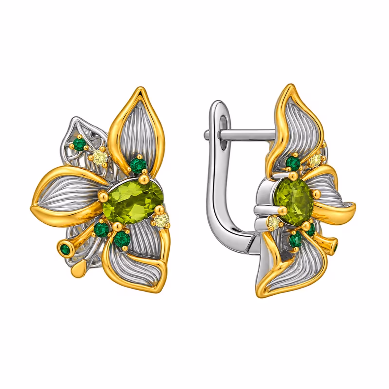 Серьги из серебра с позолотой, хризолитами, шпинелью и фианитами — фото 2