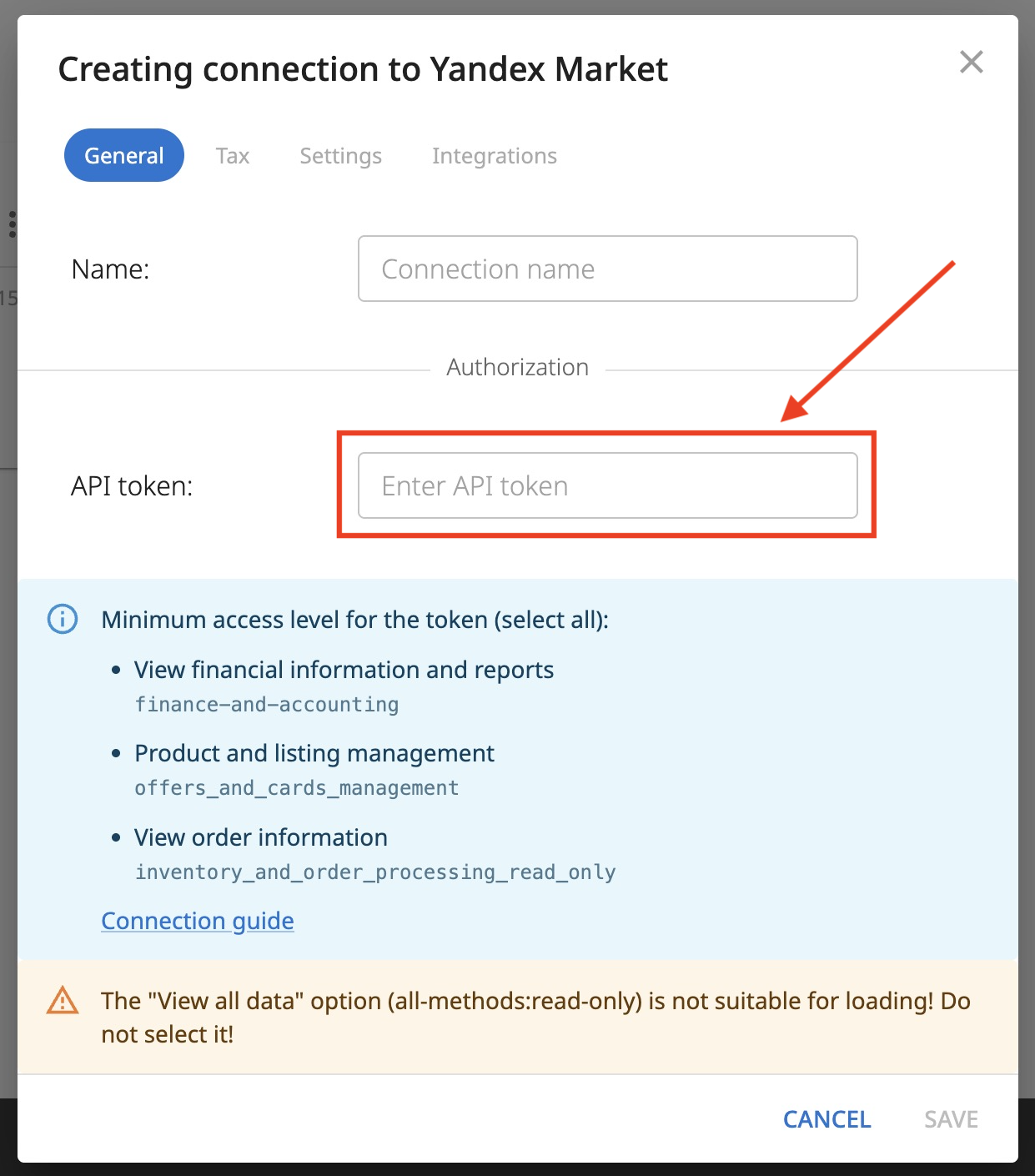 Creating a connection to Yandex Market