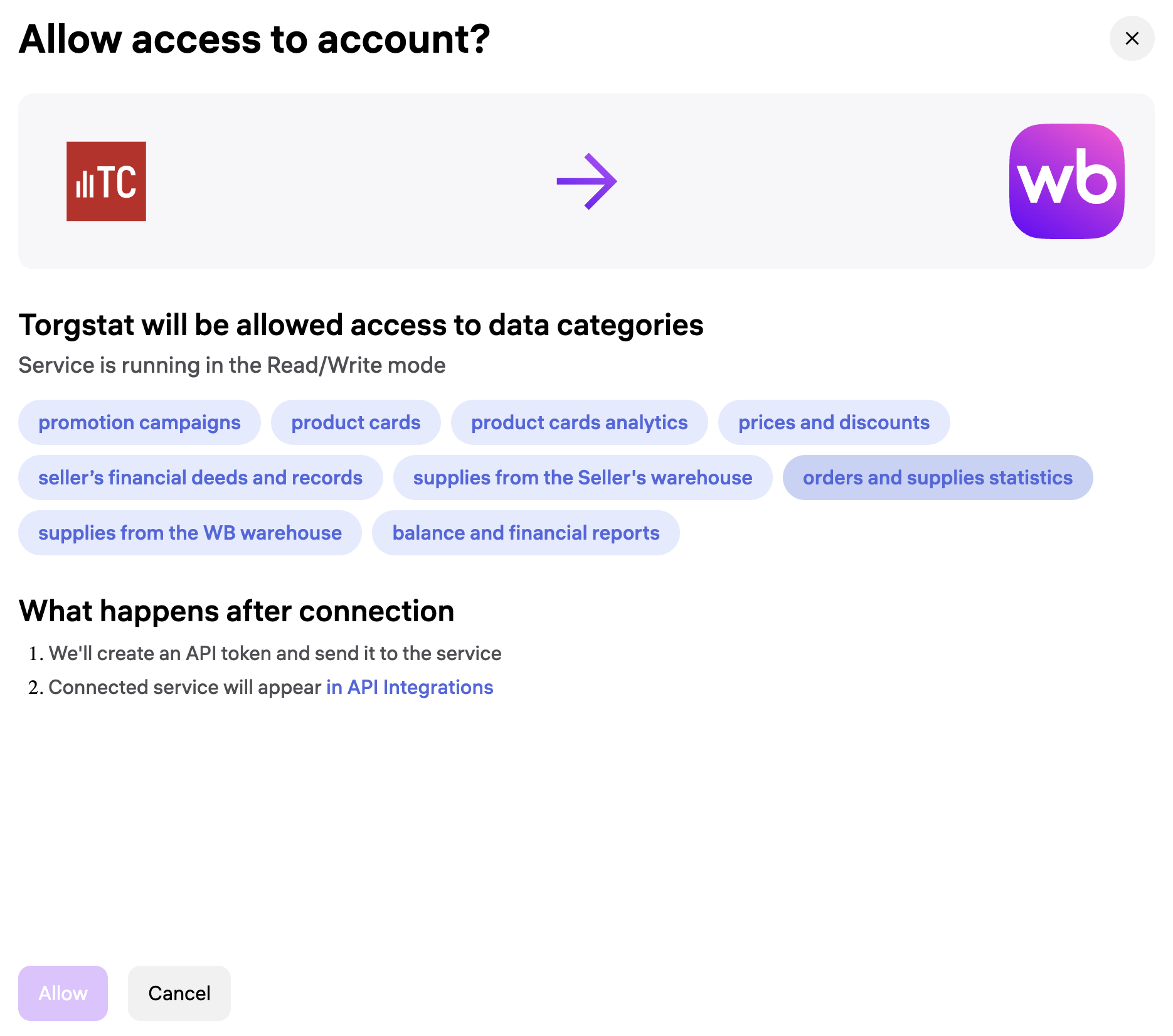 Grant access to Torgstat on Wildberries