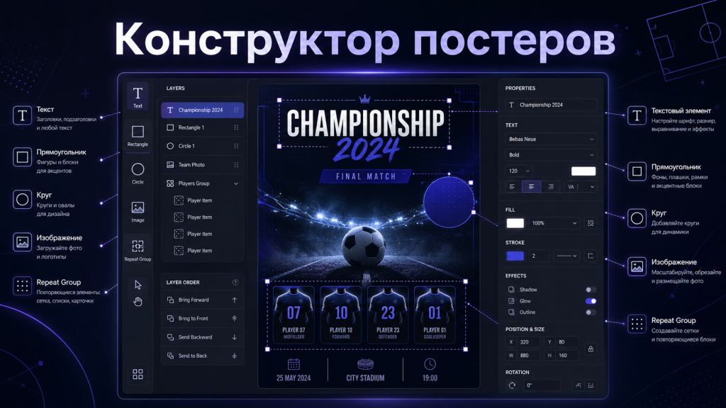 Как пользоваться конструктором постеров в Tournify