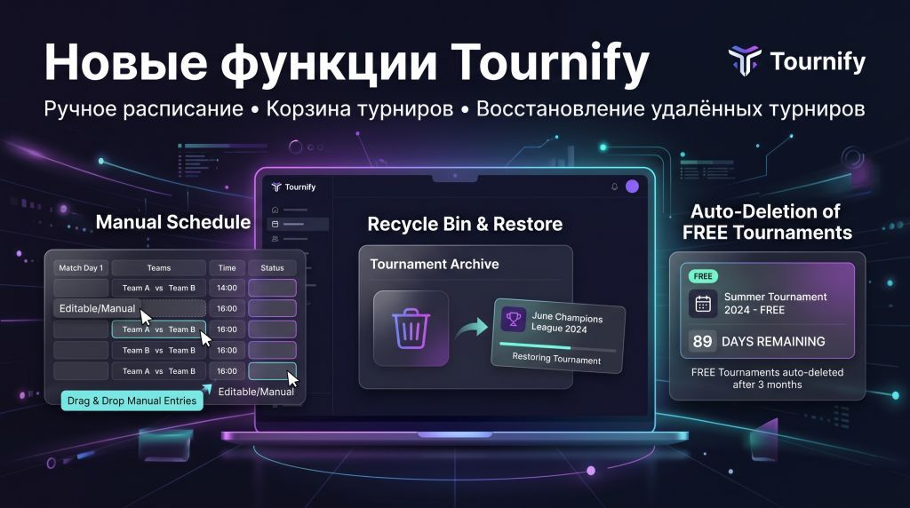 В Tournify появились ручное заполнение расписания, корзина турниров и автоудаление FREE-турниров