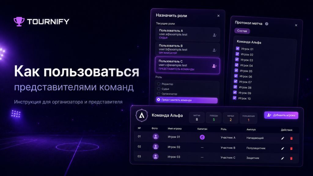 Как пользоваться представителями команд в Tournify: инструкция для организатора и команды