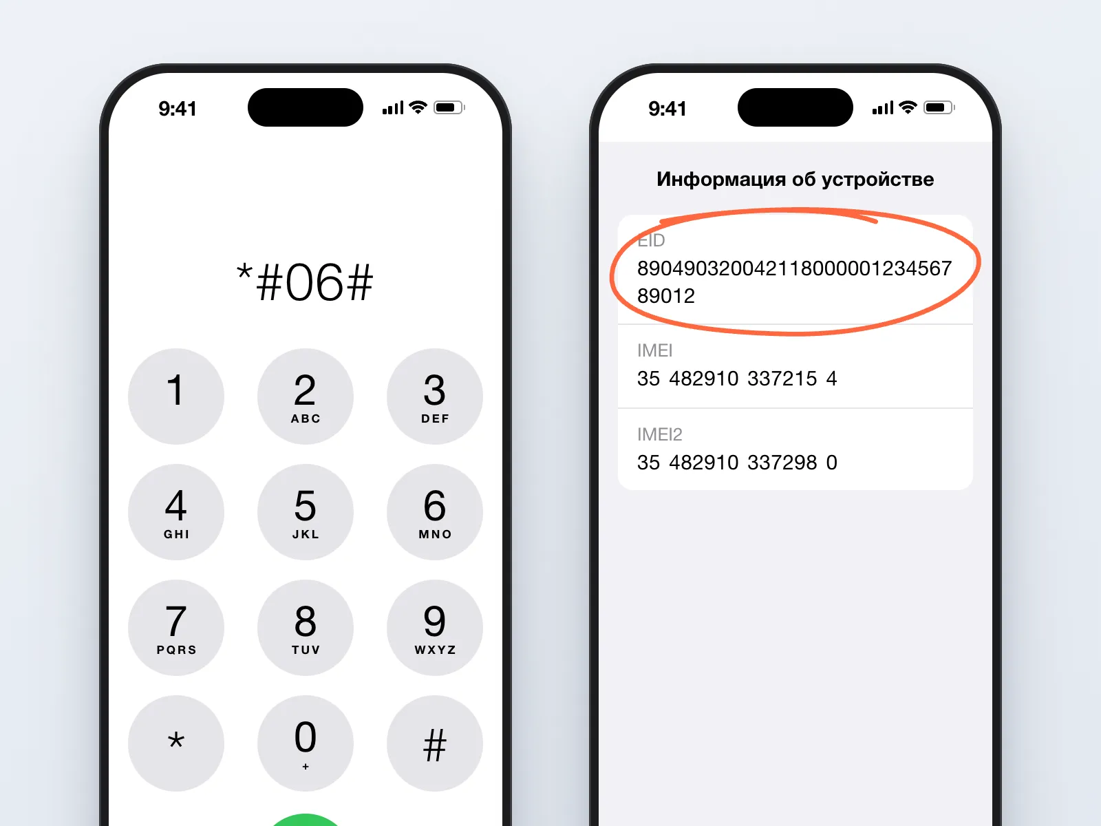 Клавиатура iPhone с набранным кодом *#06# и окно «Информация об устройстве», где обведена строка EID