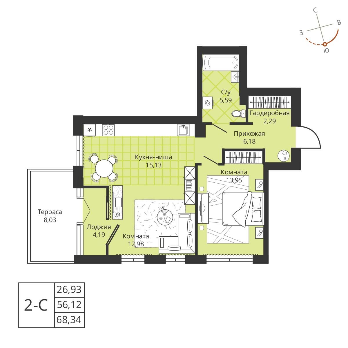 Планировка: Евро-2, 56,8 м²