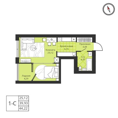 Планировка: Евро-1, 40,1 м²