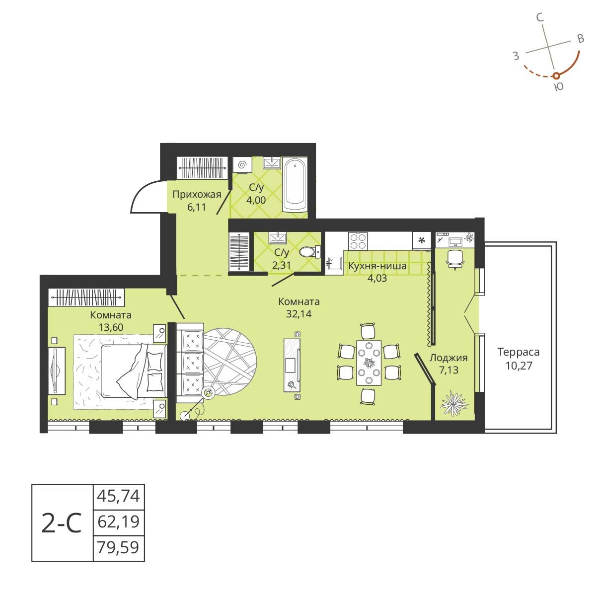 Планировка: Евро-2, 62,6 м²