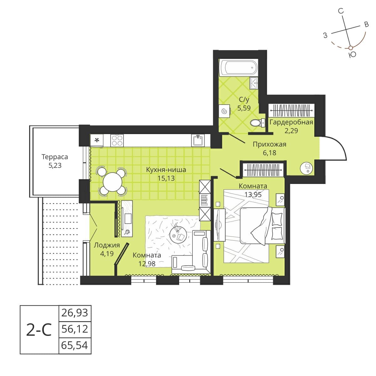 Планировка: Евро-2, 56,9 м²