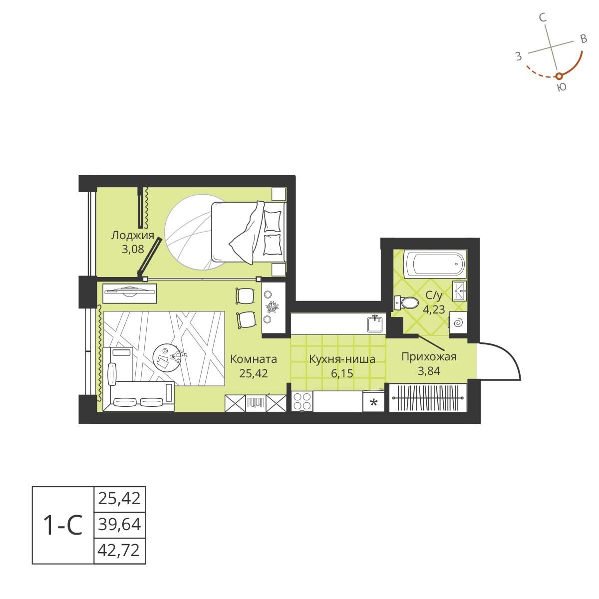 Планировка: Евро-1, 39,6 м²