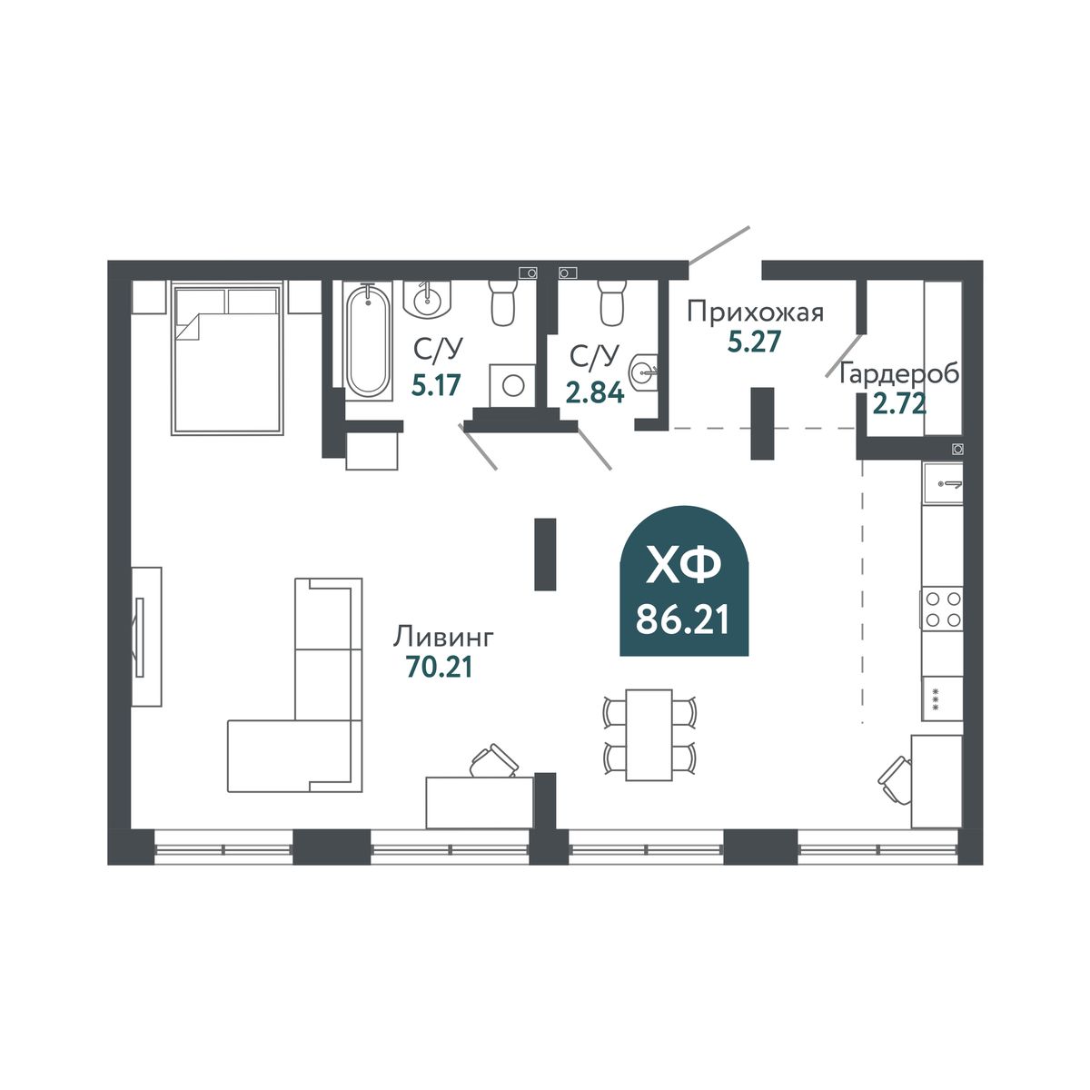 Планировка: Евро-1, 86,4 м²