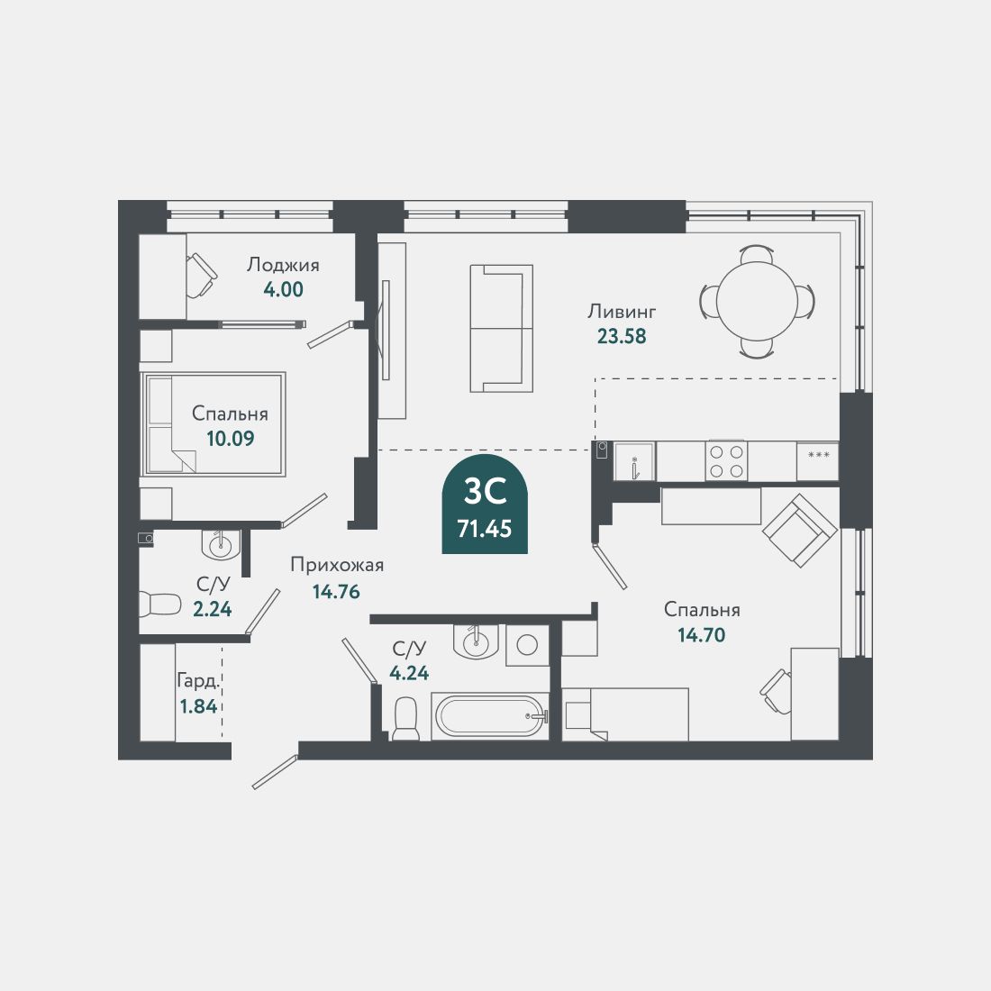 Планировка: Евро-3, 71,2 м²