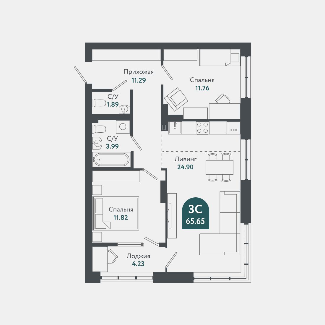 Планировка: Евро-3, 64,7 м²