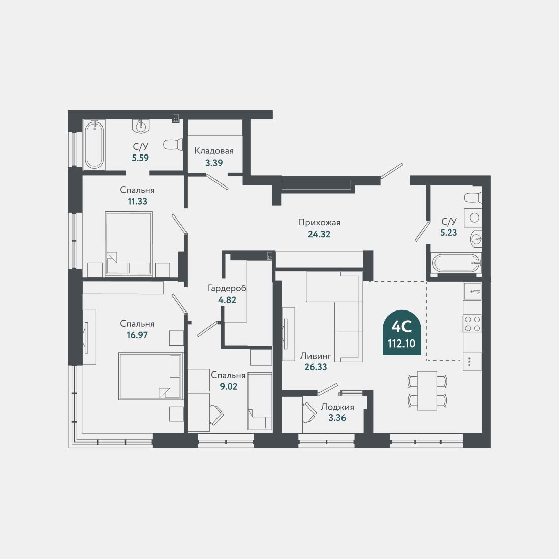 Планировка: Евро-4, 112,5 м²