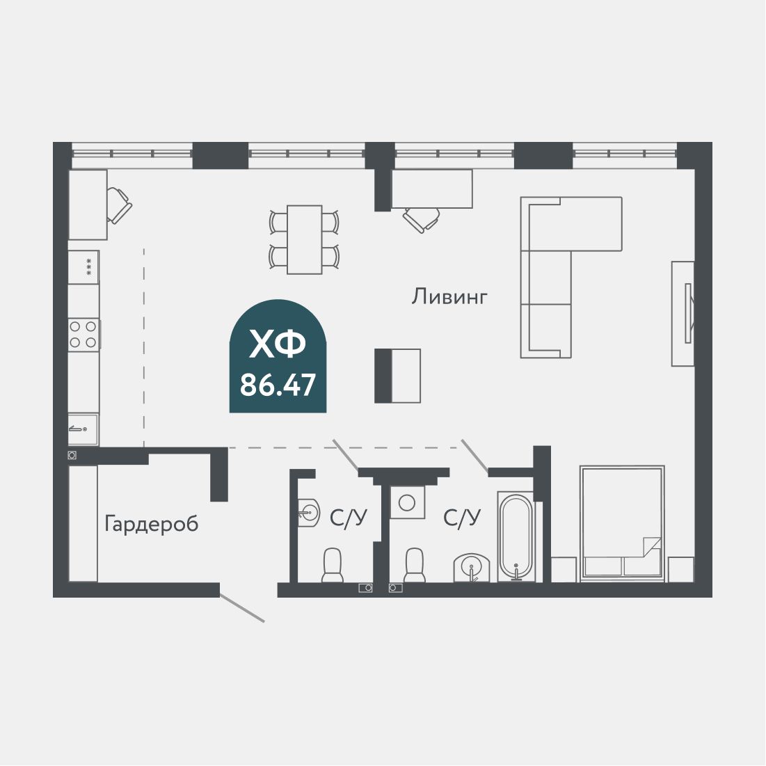 Планировка: Евро-3, 86,4 м²