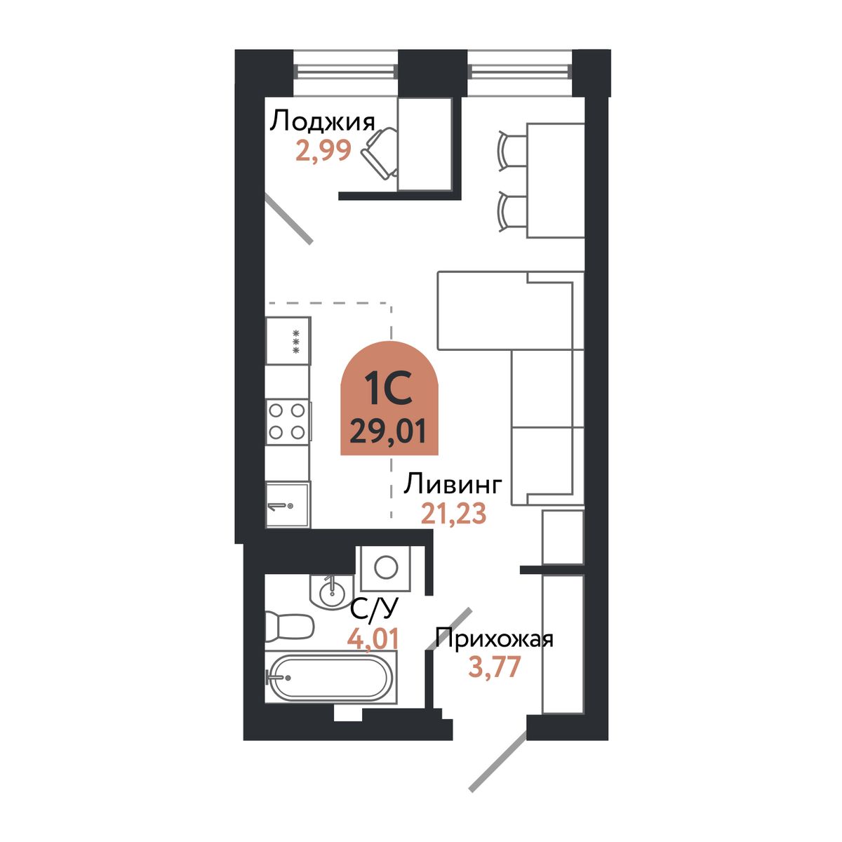 Планировка: Студия, 29,1 м²