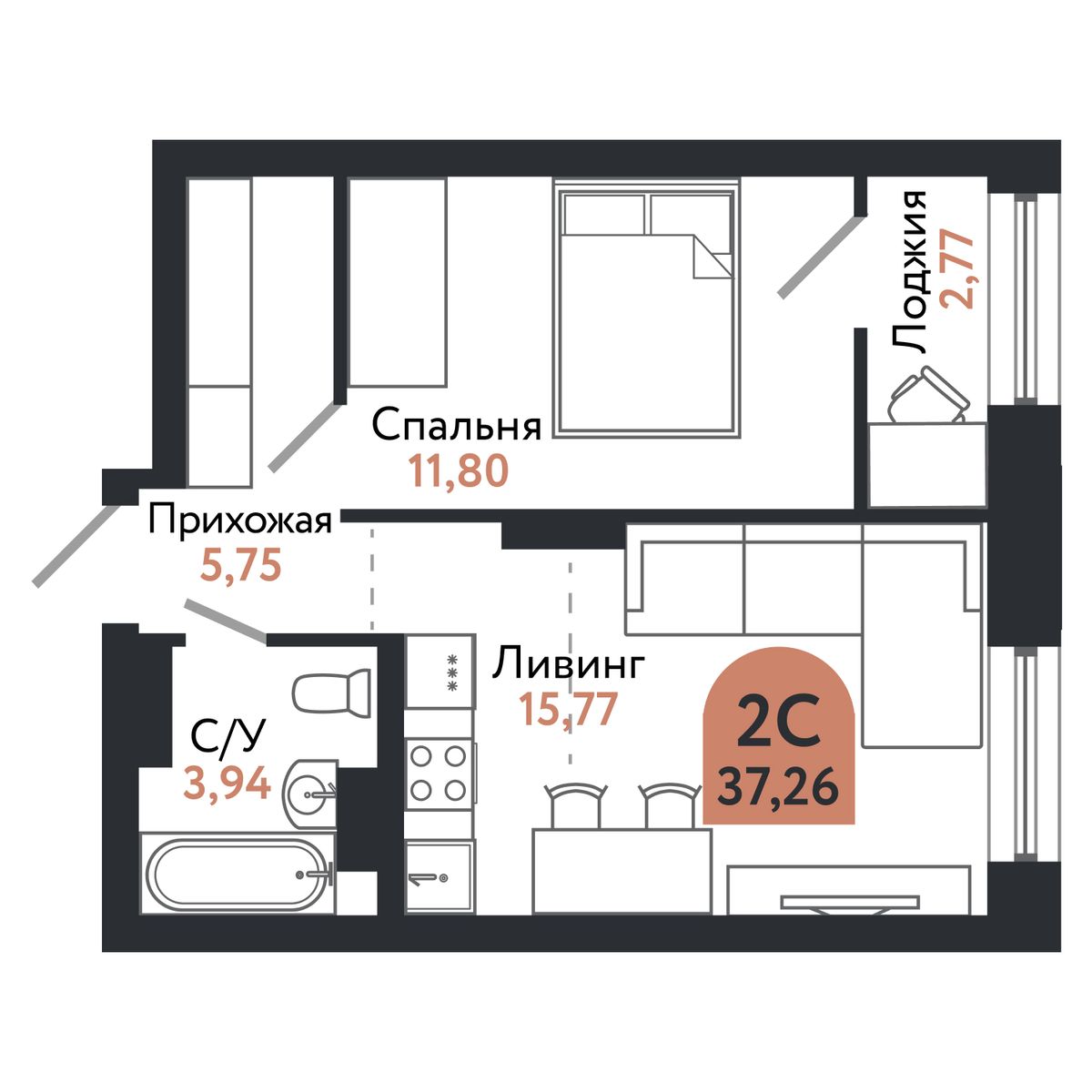 Планировка: 2-комнатная, 36,9 м²