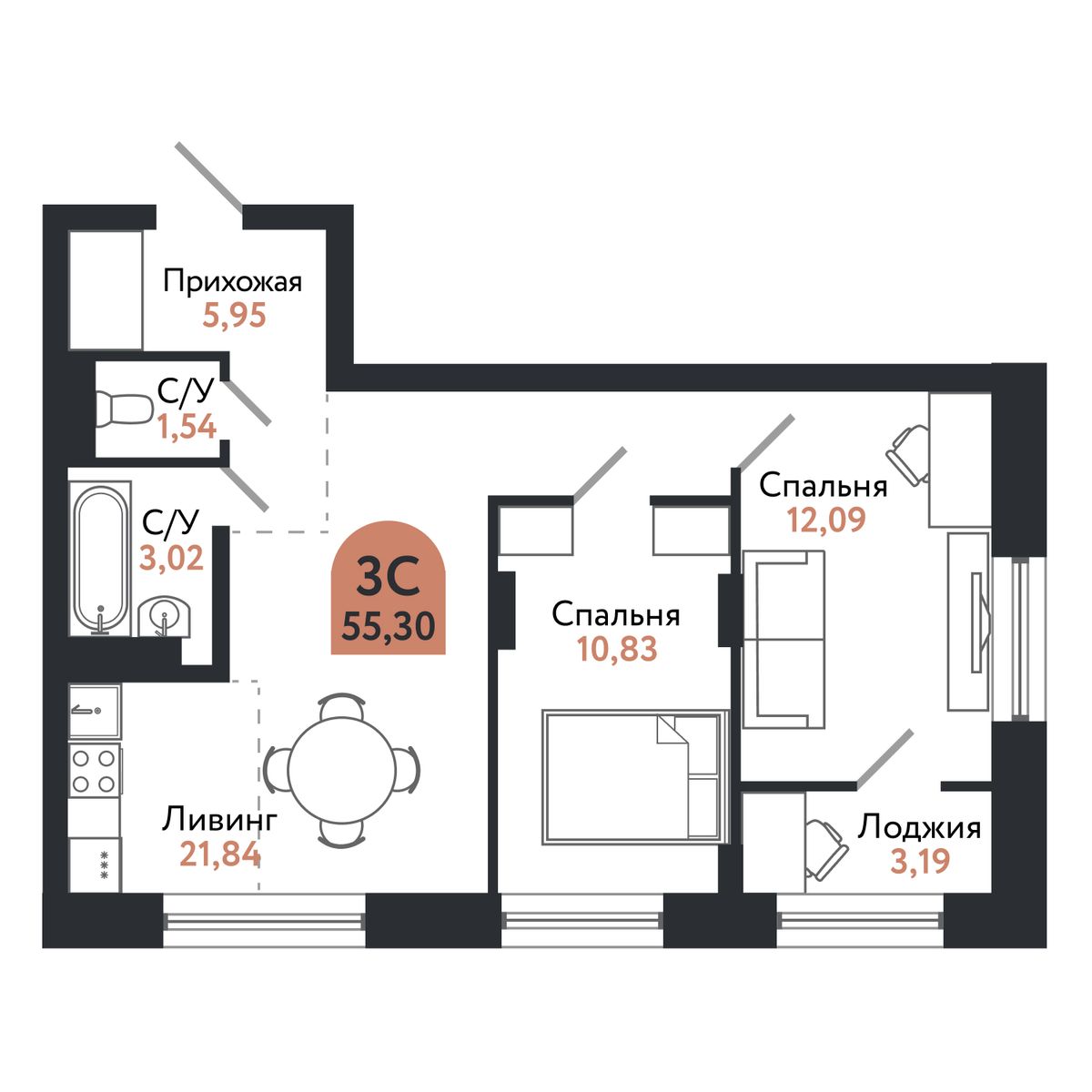 Планировка: 3-комнатная, 55,9 м²