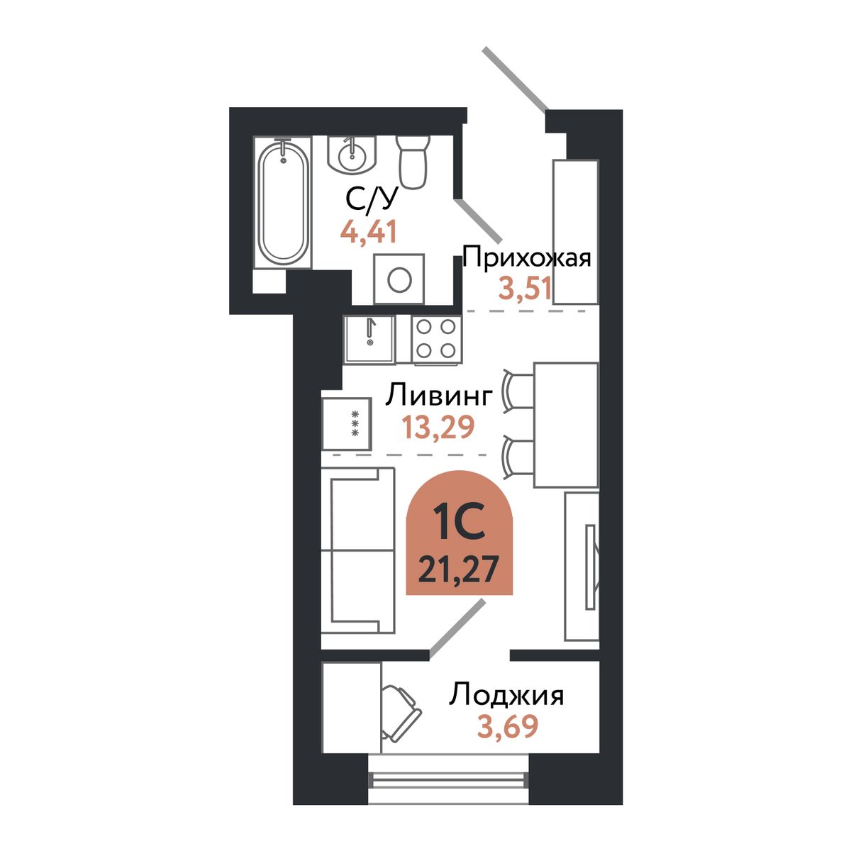 Планировка: Студия, 21,3 м²