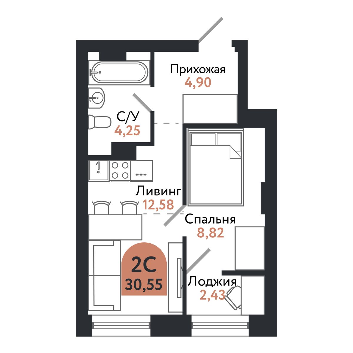 Планировка: 2-комнатная, 30,5 м²