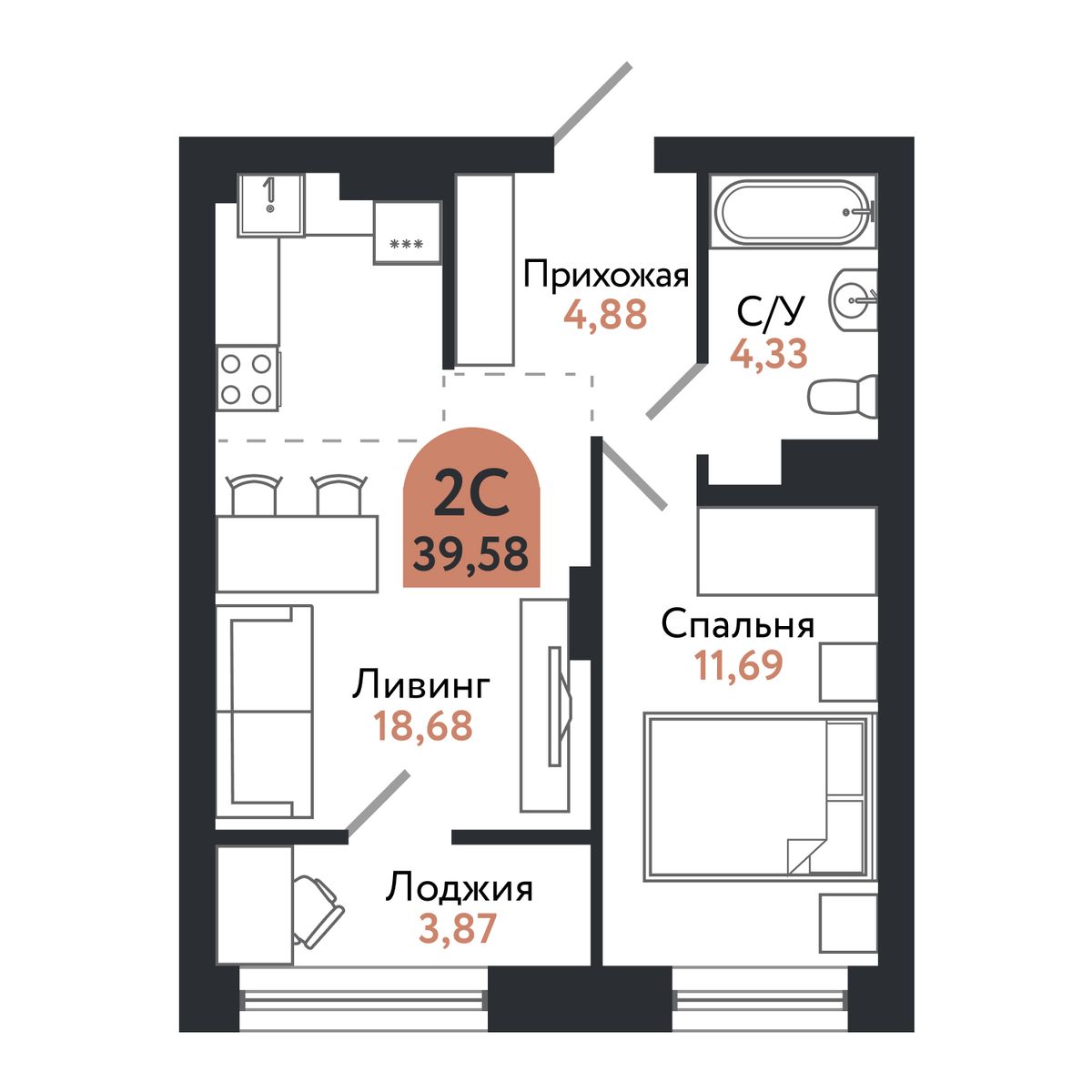 Планировка: 2-комнатная, 38,9 м²