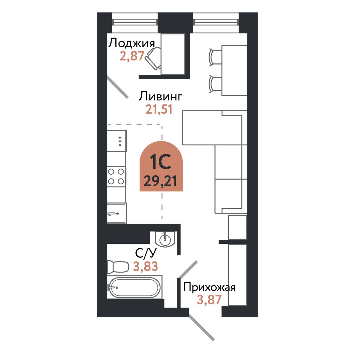 Планировка: Студия, 29,1 м²