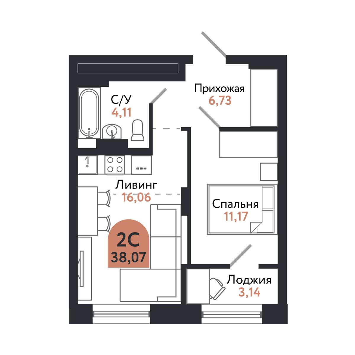 Планировка: 2-комнатная, 37,9 м²