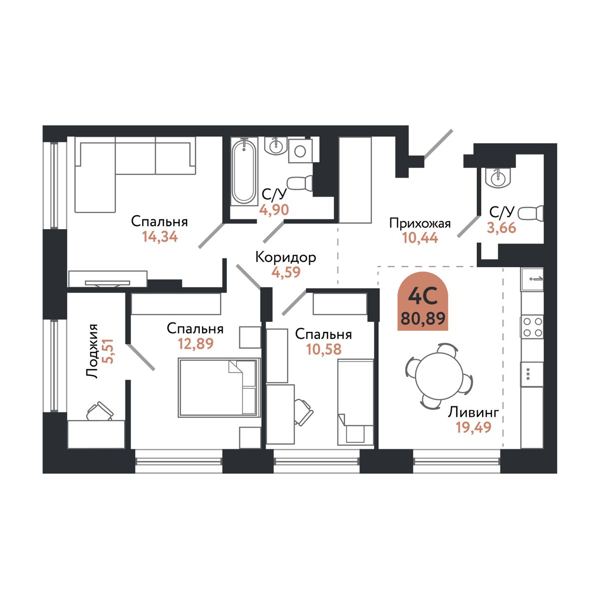 Планировка: 4-комнатная, 80,6 м²