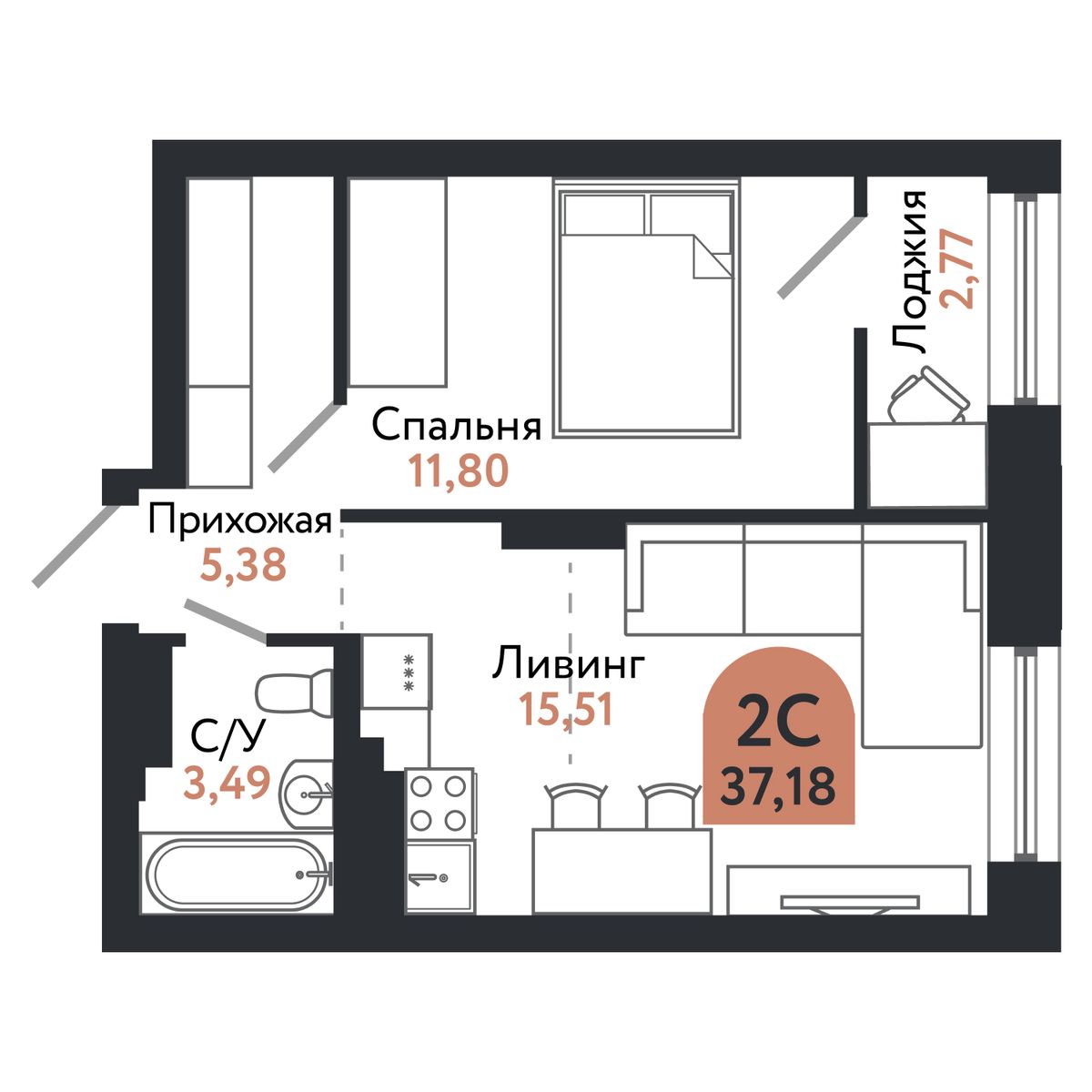 Планировка: 2-комнатная, 36,9 м²