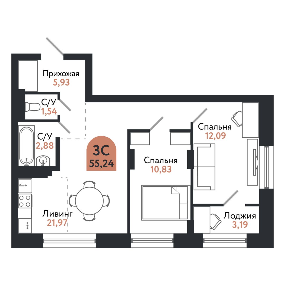 Планировка: 3-комнатная, 55,4 м²