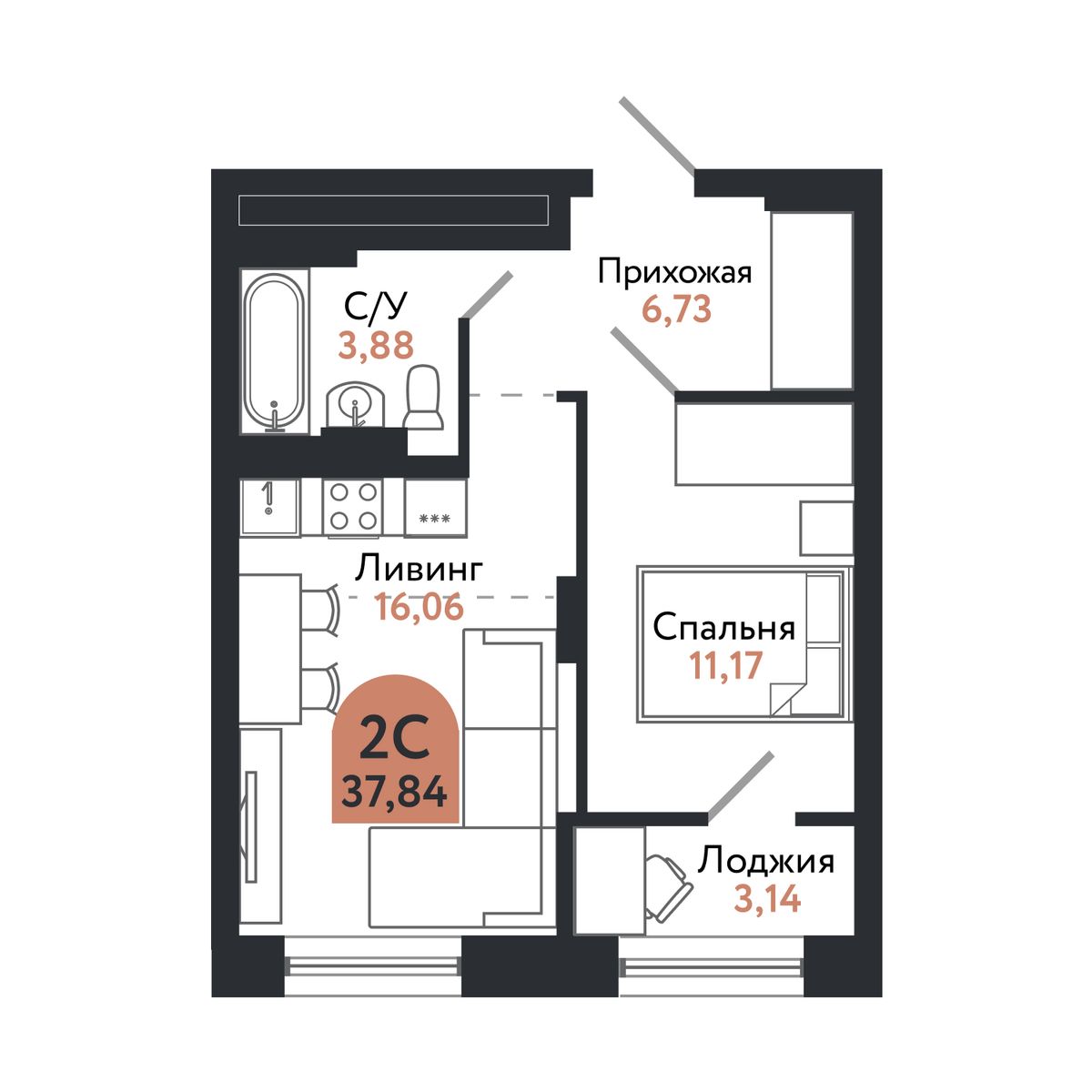 Планировка: 2-комнатная, 37,8 м²