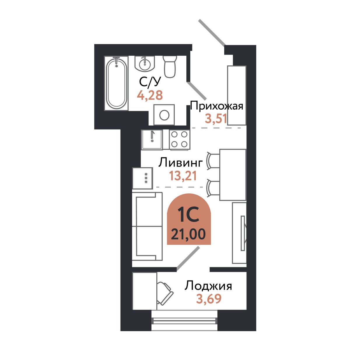 Планировка: Студия, 21,1 м²
