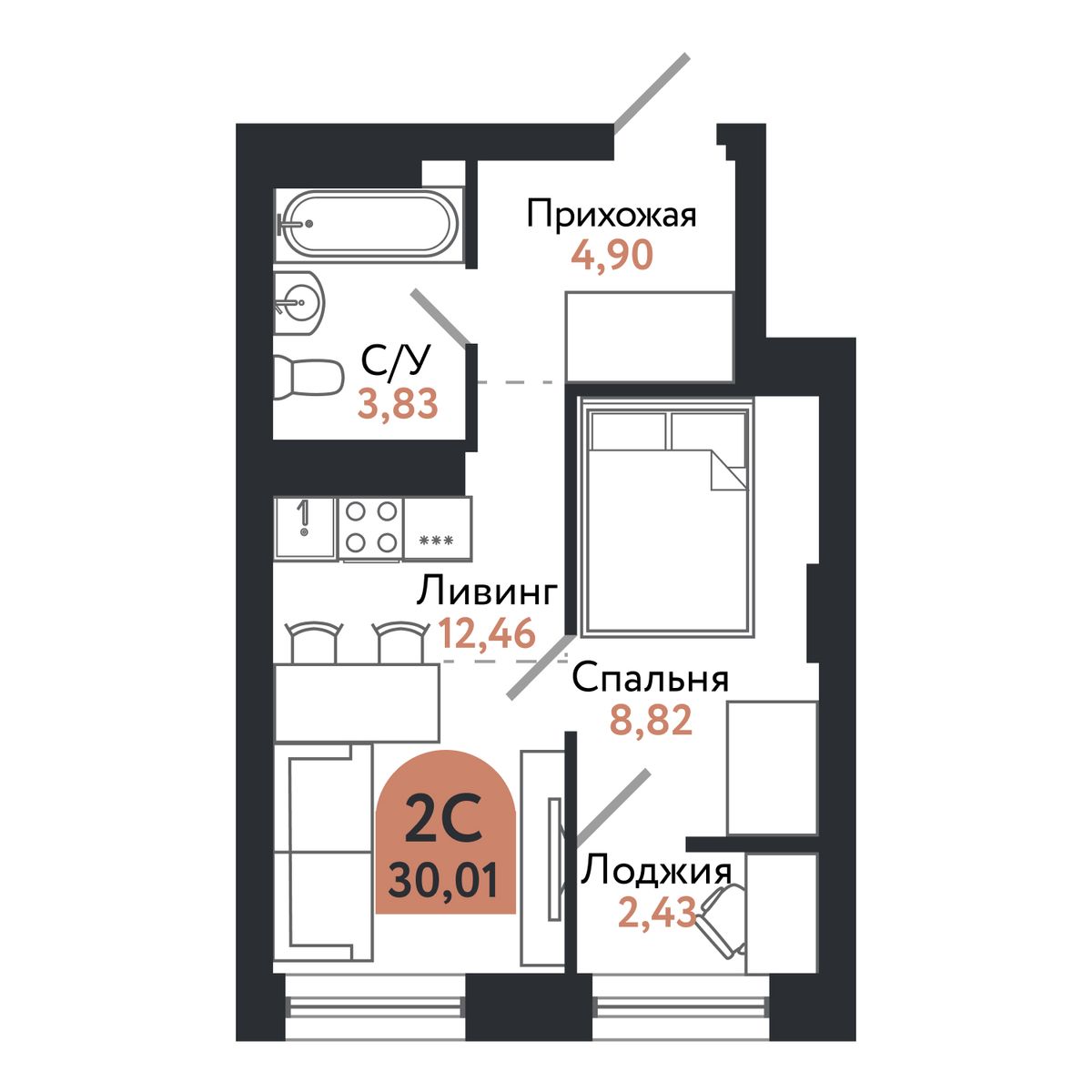 Планировка: 2-комнатная, 30,3 м²