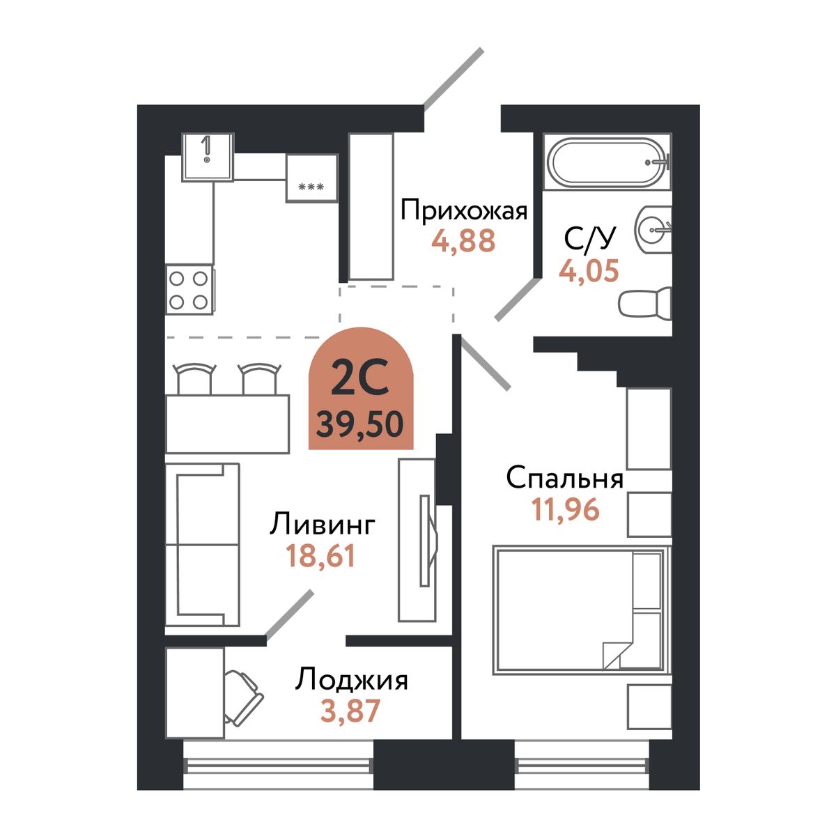 Планировка: 2-комнатная, 39,4 м²