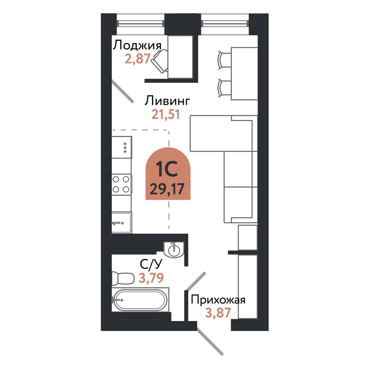 Планировка: Студия, 29,1 м²