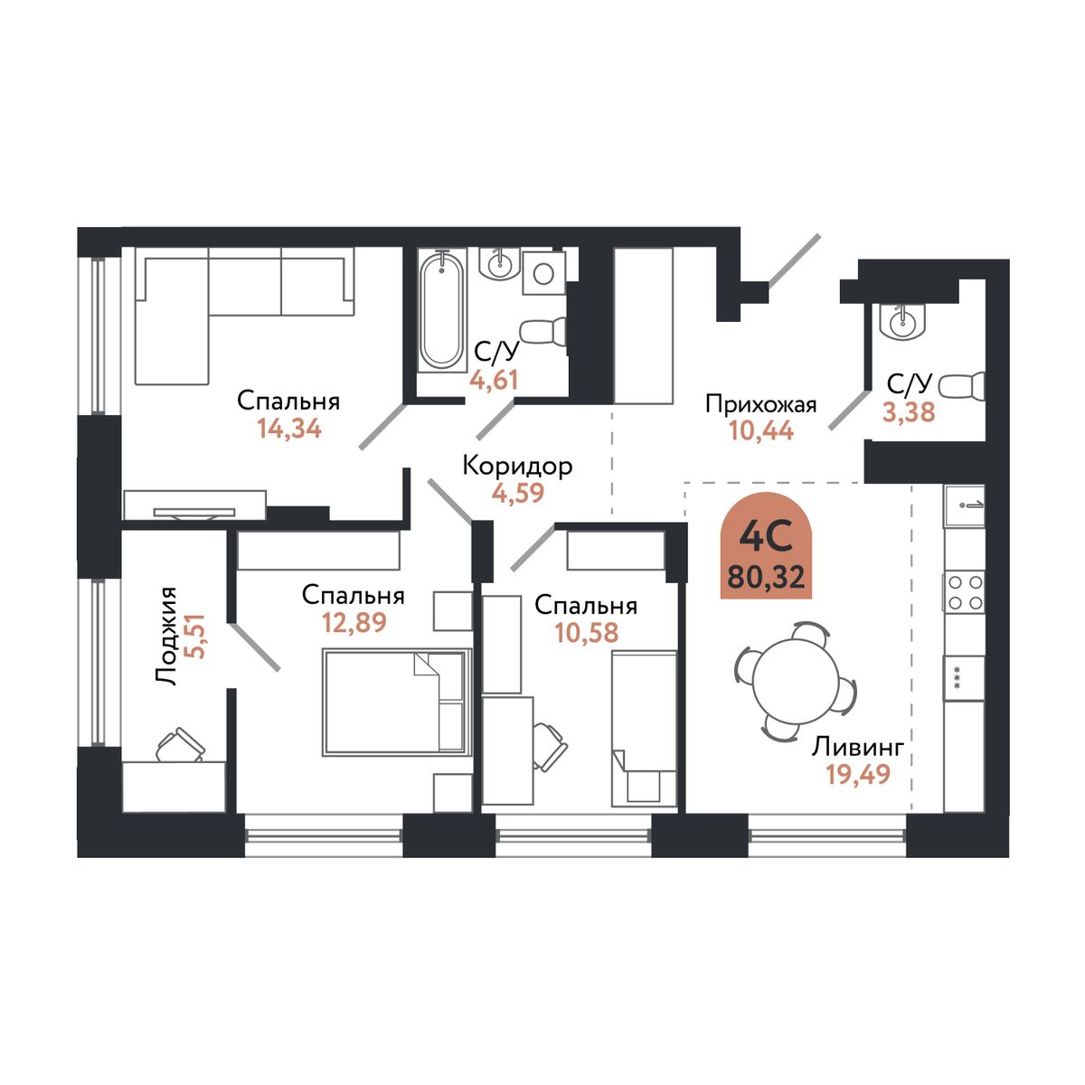 Планировка: 4-комнатная, 80,2 м²