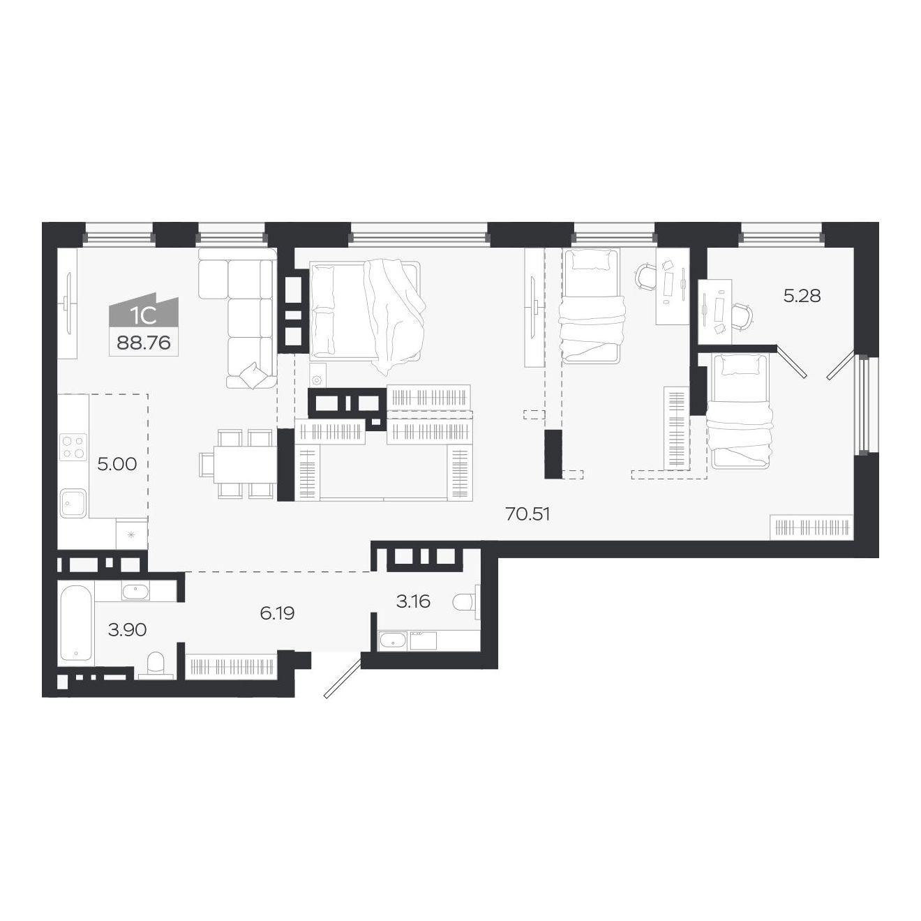 Планировка: 1-комнатная, 88,7 м²