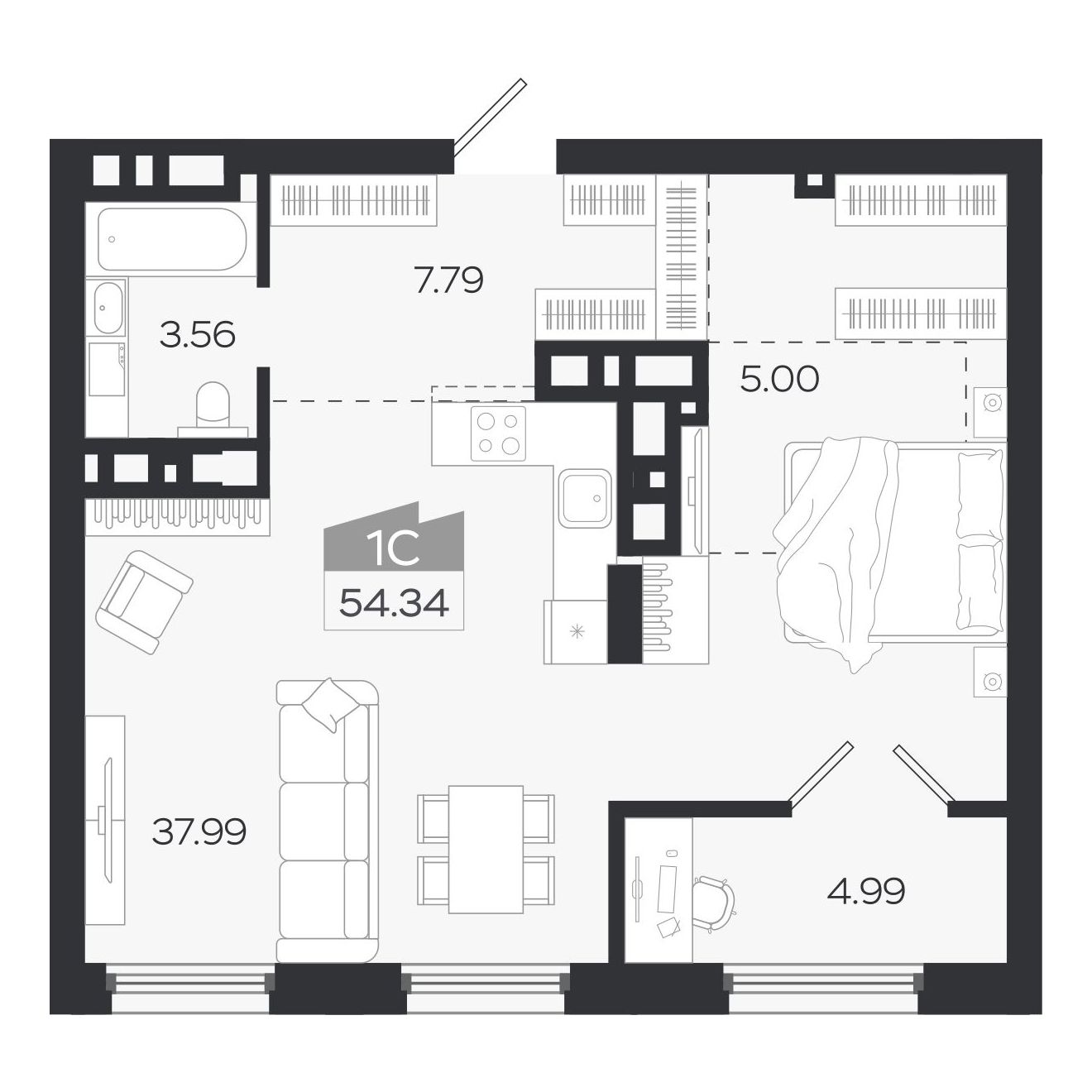 Планировка: 1-комнатная, 54,3 м²