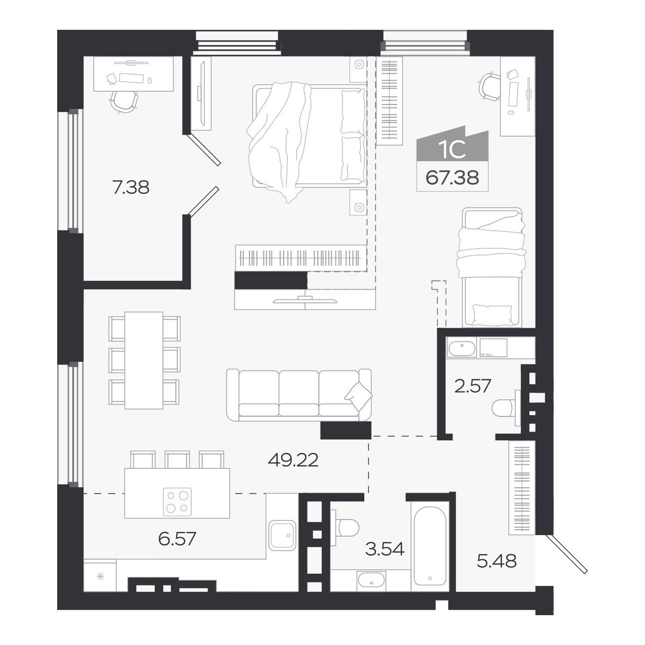 Планировка: 1-комнатная, 67,6 м²