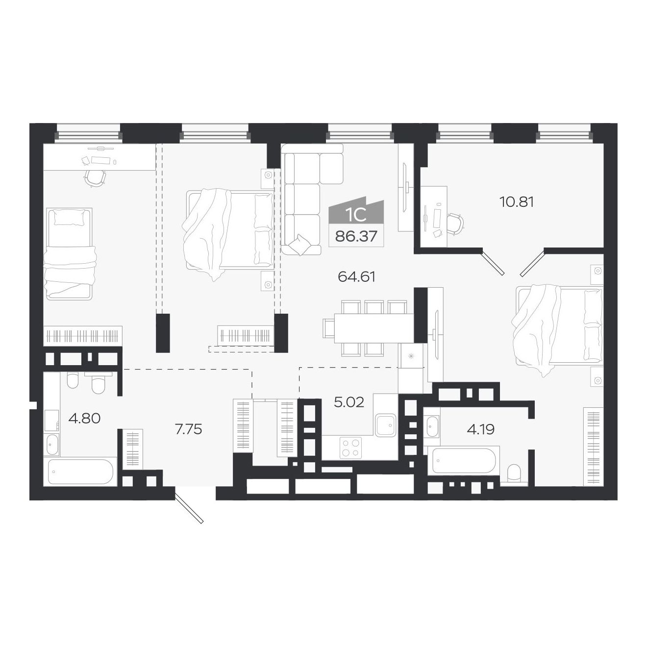 Планировка: 1-комнатная, 86,4 м²