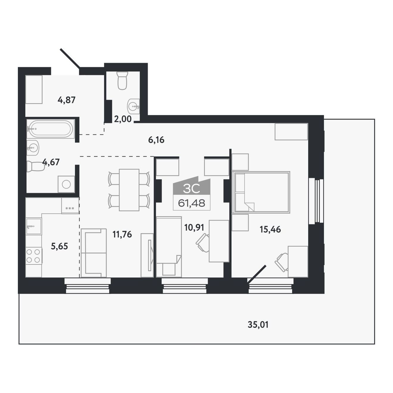 Планировка: Евро-3, 61,48 м²
