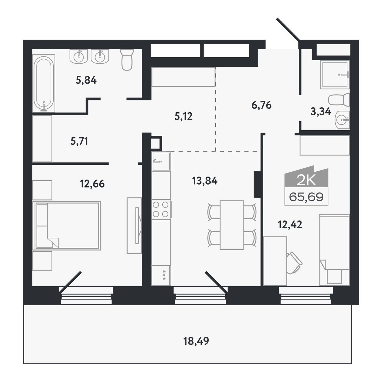 Планировка: 2-комнатная, 65,69 м²