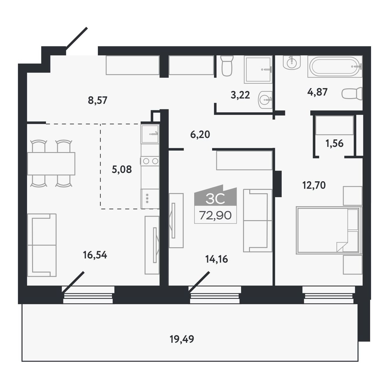 Планировка: Евро-3, 72,9 м²