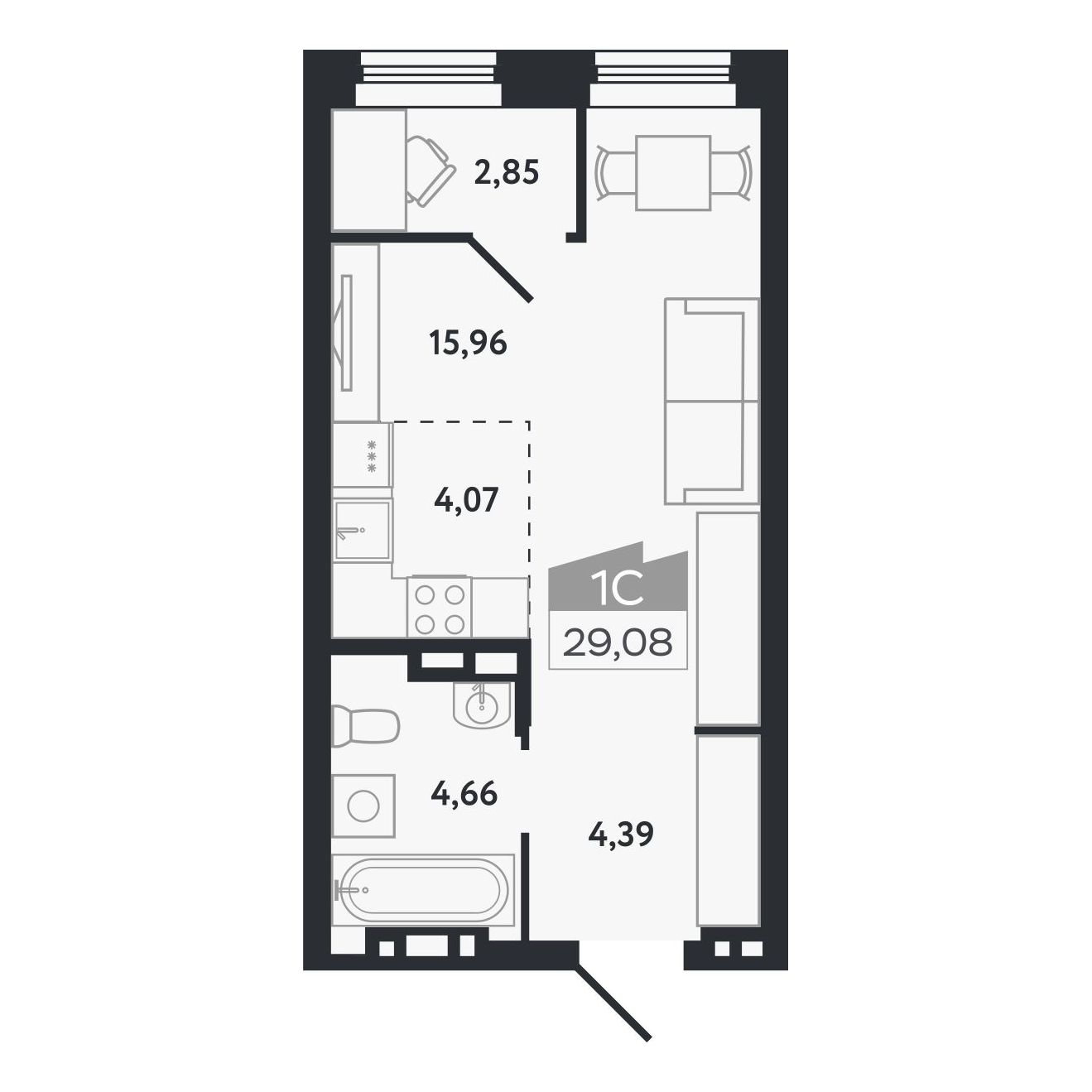 Планировка: Евро-1, 29,08 м²